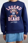 Tarz Bol Bisiklet Yaka Düşük Kol Uzun Baskılı Geniş Kalıp Kalın İçi Polarlı Örme Sweatshirt - 5