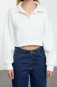 Tarz Oversize Polo Yaka Düşük Kol Uzun Rahat Kalıp Polo Yaka Kalın İçi Polarlı Örme Sweatshirt - 5