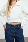 Tarz Oversize Polo Yaka Düşük Kol Uzun Rahat Kalıp Polo Yaka Kalın İçi Polarlı Örme Sweatshirt - 1