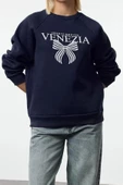 Bisiklet Yaka Reglan Kol Rahat Kalıp Reglan Kol Slogan ve Fiyonk Baskılı Örme Sweatshirt - 2