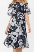 Moda Stil Regular Bisiklet Yaka Midi Boy Çiçek Desenli A Kesim Astarlı Dokuma Elbise - 4