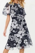 Moda Stil Regular Bisiklet Yaka Midi Boy Çiçek Desenli A Kesim Astarlı Dokuma Elbise - 1