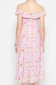 Moda Stil Regular Carmen Yaka Midi Boy Çiçek Desenli A Kesim Form Dokuma Elbise - 5