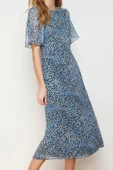 Moda Stil Regular Bisiklet Yaka Midi Boy Desenli A Kesim Melek Kol Astarlı Şifon Dokuma Elbise - 1