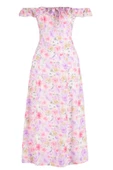 Moda Stil Regular Carmen Yaka Midi Boy Çiçek Desenli A Kesim Form Dokuma Elbise - 3