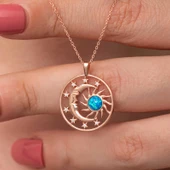 Gümüş Rose Opal Mavi Taşlı Ay Güneş Kadın Kolye - 1