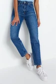 Stil Kadın Moda Denim Kot Pantolon Regular Geniş Paça Mavi Yüksek Bel Mom Jeans - 1