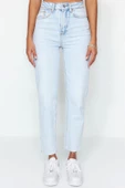 Stil Kadın Moda Denim Kot Pantolon Uzun Boru Paça Yüksek Bel Slim Mom Jeans - 4