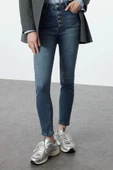 Stil Kadın Moda Denim Kot Pantolon Regular Dar Paça Önden Düğmeli Yüksek Bel Skinny Jeans - 1