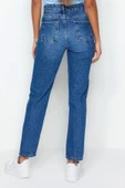 Stil Kadın Moda Denim Kot Pantolon Regular Geniş Paça Mavi Yüksek Bel Mom Jeans - 6