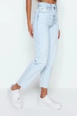 Stil Kadın Moda Denim Kot Pantolon Uzun Boru Paça Yüksek Bel Slim Mom Jeans - 3