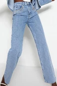 Stil Kadın Moda Denim Kot Pantolon Uzun Geniş Paça Mavi Aksesuar Detaylı Yüksek Bel Jeans - 3