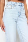Stil Kadın Moda Denim Kot Pantolon Uzun Boru Paça Yüksek Bel Slim Mom Jeans - 5