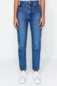 Stil Kadın Moda Denim Kot Pantolon Regular Geniş Paça Mavi Yüksek Bel Mom Jeans - 5