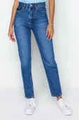 Stil Kadın Moda Denim Kot Pantolon Regular Geniş Paça Mavi Yüksek Bel Mom Jeans - 3