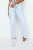 Stil Kadın Moda Denim Kot Pantolon Uzun Boru Paça Yüksek Bel Slim Mom Jeans - 2