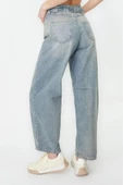 Stil Kadın Moda Denim Kot Pantolon Regular Geniş Paça Mavi Dikiş Detaylı Yüksek Bel Jeans - 3