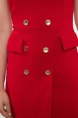 Moda Stil Regular Kare Yaka Midi Boy Düğme Detaylı Kruvaze Etek Kapamalı Kalem Etek Dokuma Elbise - 6