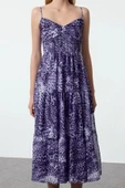 Moda Stil Regular Kalp Yaka Midi Boy Desenli Skater Dokuma Elbise - 3