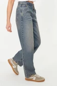 Stil Kadın Moda Denim Kot Pantolon Regular Geniş Paça Solukli Vintage Düşük Bel Skater Jeans - 2