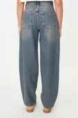 Stil Kadın Moda Denim Kot Pantolon Regular Geniş Paça Solukli Vintage Düşük Bel Skater Jeans - 6