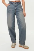 Stil Kadın Moda Denim Kot Pantolon Regular Geniş Paça Solukli Vintage Düşük Bel Skater Jeans - 1