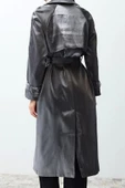 Tasarım Düz Astarlı Yaka Uzun Oversize Ceket Kadın Oversize Geniş Kesim Kuşaklı Trençkot - 5