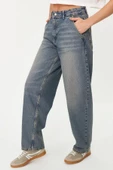Stil Kadın Moda Denim Kot Pantolon Regular Geniş Paça Solukli Vintage Düşük Bel Skater Jeans - 4