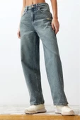Stil Kadın Moda Denim Kot Pantolon Regular Geniş Paça Mavi Soluk Vintage Düşük Bel - 3
