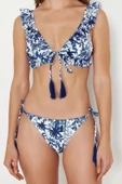 Moda Çiçekli Atma Kap Bralette Normal Bel Brief Çiçek Desenli Üçgen Fırfırlı Bikini Takımı - 1