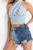 Moda Kruvaze Örme Regular Çizgili Desen Plaj Crop Kolsuz Bluz - 3