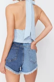 Moda Kruvaze Örme Regular Çizgili Desen Plaj Crop Kolsuz Bluz - 4