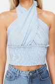 Moda Kruvaze Örme Regular Çizgili Desen Plaj Crop Kolsuz Bluz - 1