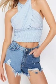 Moda Kruvaze Örme Regular Çizgili Desen Plaj Crop Kolsuz Bluz - 2