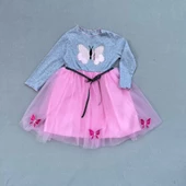 5-6-7 Yaş Taşlı Kelebek Desenli Kurdela Kuşaklı Astarlı Kız Çocuk Tütü Elbise Pembe - 1