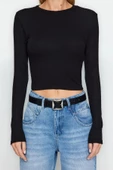 Moda Bisiklet Yaka Örme Slim Düz Desen Casual Günlük Crop Uzun Kol Bluz - 1