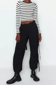 Moda Bisiklet Yaka Örme Slim Çizgili Desen Casual Günlük Crop Uzun Kol Bluz - 3