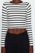 Moda Bisiklet Yaka Örme Slim Çizgili Desen Casual Günlük Crop Uzun Kol Bluz - 1