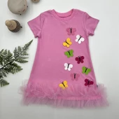 1-2-3 Yaş Renkli Kelebekler Nakışlı Eteği Fırfırlı Jile Çocuk Elbisesi Pembe - 1