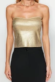 Moda Kare Yaka Triko Slim Varaklı Desen Şık gece Crop Kolsuz Bluz - 1