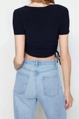 Moda Kare Yaka Örme Slim Fit Düz Desen Casual Günlük Crop Kısa Kol Bluz - 5