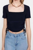Moda Kare Yaka Örme Slim Fit Düz Desen Casual Günlük Crop Kısa Kol Bluz - 1