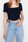 Moda Kare Yaka Örme Slim Fit Düz Desen Casual Günlük Crop Kısa Kol Bluz - 2