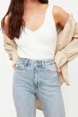 Moda V Yaka Triko Regular Düz Desen Casual Günlük Regular Askılı Kol Bluz - 3