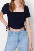 Moda Kare Yaka Örme Slim Fit Düz Desen Casual Günlük Crop Kısa Kol Bluz - 3