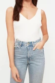 Moda V Yaka Triko Regular Düz Desen Casual Günlük Regular Askılı Kol Bluz - 1