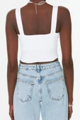 Moda Kare Yaka Triko Slim Düz Desen Casual Günlük Crop Askılı Kol Bluz - 5