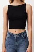 Moda Kayık Yaka Örme Slim Düz Desen Casual Günlük Crop Askılı Kol Bluz - 1