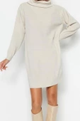 Moda Oversize Casual Günlük Fitilli Triko Balıkçı Yaka Uzun Kol Kazak Elbise Mini Boy Elbise - 1