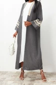 Moda Dokuma Rahat Kalıp Uzun V Yaka Düşük Kol Crinkle Basic Renk Bloklu Tesettür Giyim Kimono Kaftan - 2